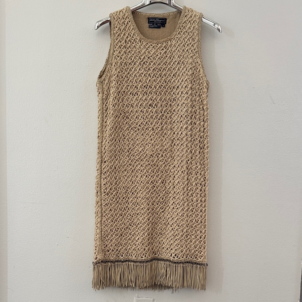 Salvatore Ferragamo Tan Knit Mini Dress with Fringe